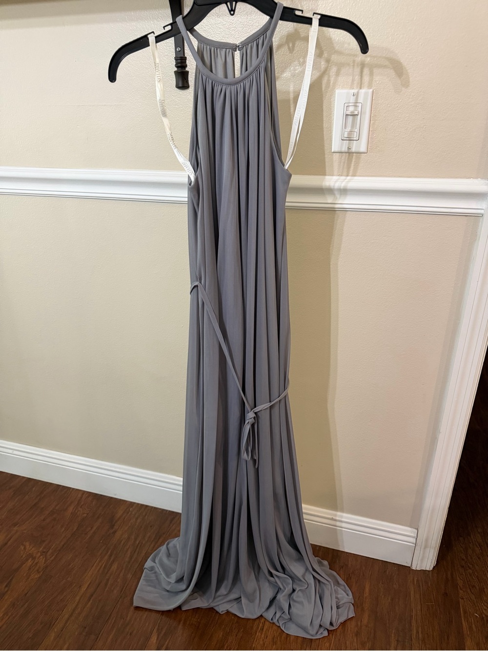 David's Bridal Grey Halter Maxi Dress with Waist Tie